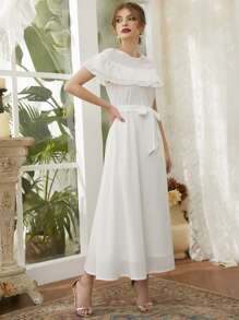 Al Najma 荷葉邊腰帶A字連衣裙 - 白色 - 查看 1