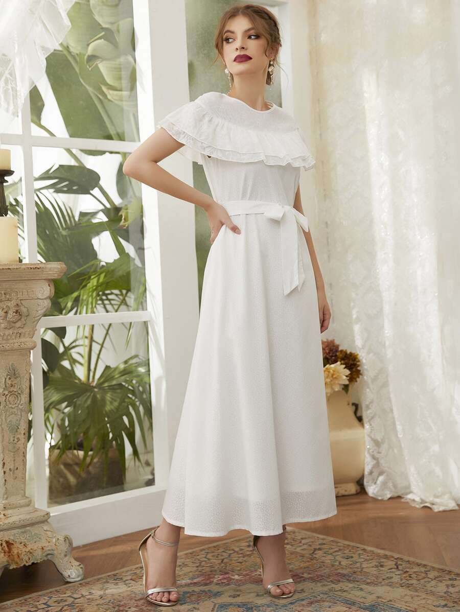 Al Najma 荷葉邊腰帶A字連衣裙 - 白色 - 查看 1