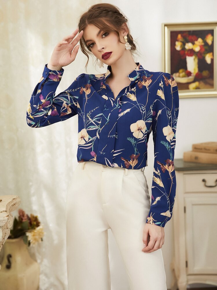 Mulvari Floral Print Notch Neck Blouse - Blue - View 1