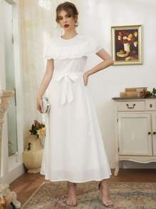 Al Najma 荷葉邊腰帶A字連衣裙 - 白色 - 查看 3