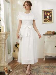 Al Najma 荷葉邊腰帶A字連衣裙 - 白色 - 查看 4