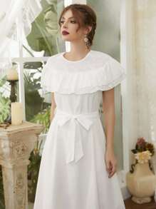 Al Najma 荷葉邊腰帶A字連衣裙 - 白色 - 查看 5