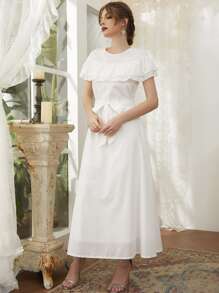 Al Najma 荷葉邊腰帶A字連衣裙 - 白色 - 查看 6