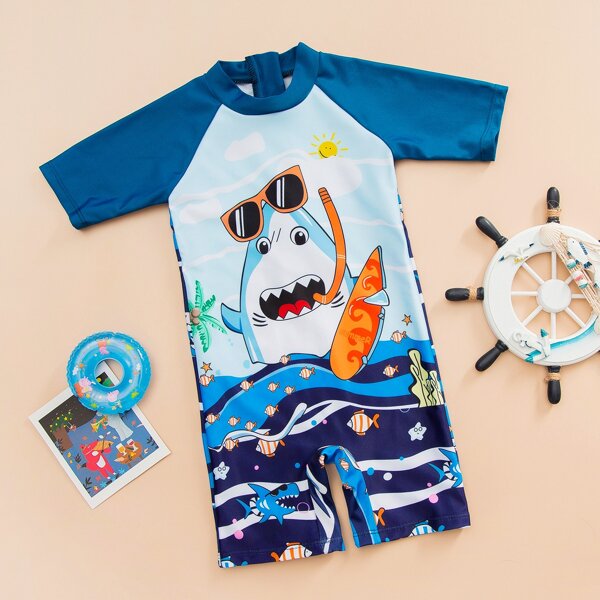 

Toddler Boys Cartoon Shark Print One Piece Swimsuit, Navy blue