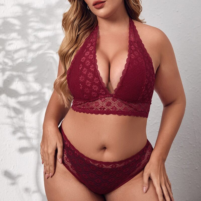 

Plus Floral Lace Halter Lingerie Set, Burgundy