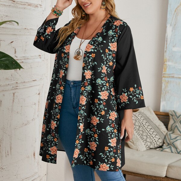 

Plus Floral Print Kimono, Black