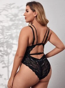 Classic Sexy Plus Floral Lace Plunge Teddy Bodysuit - Black - View 2
