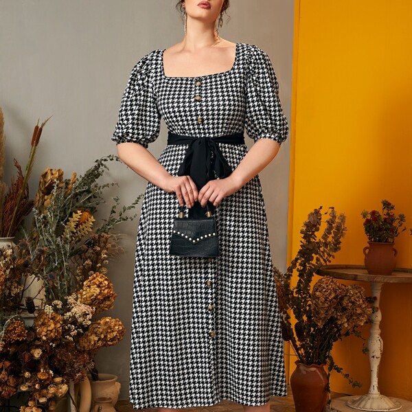 

Plus Houndstooth Puff Sleeve Belted Dress, Black and white