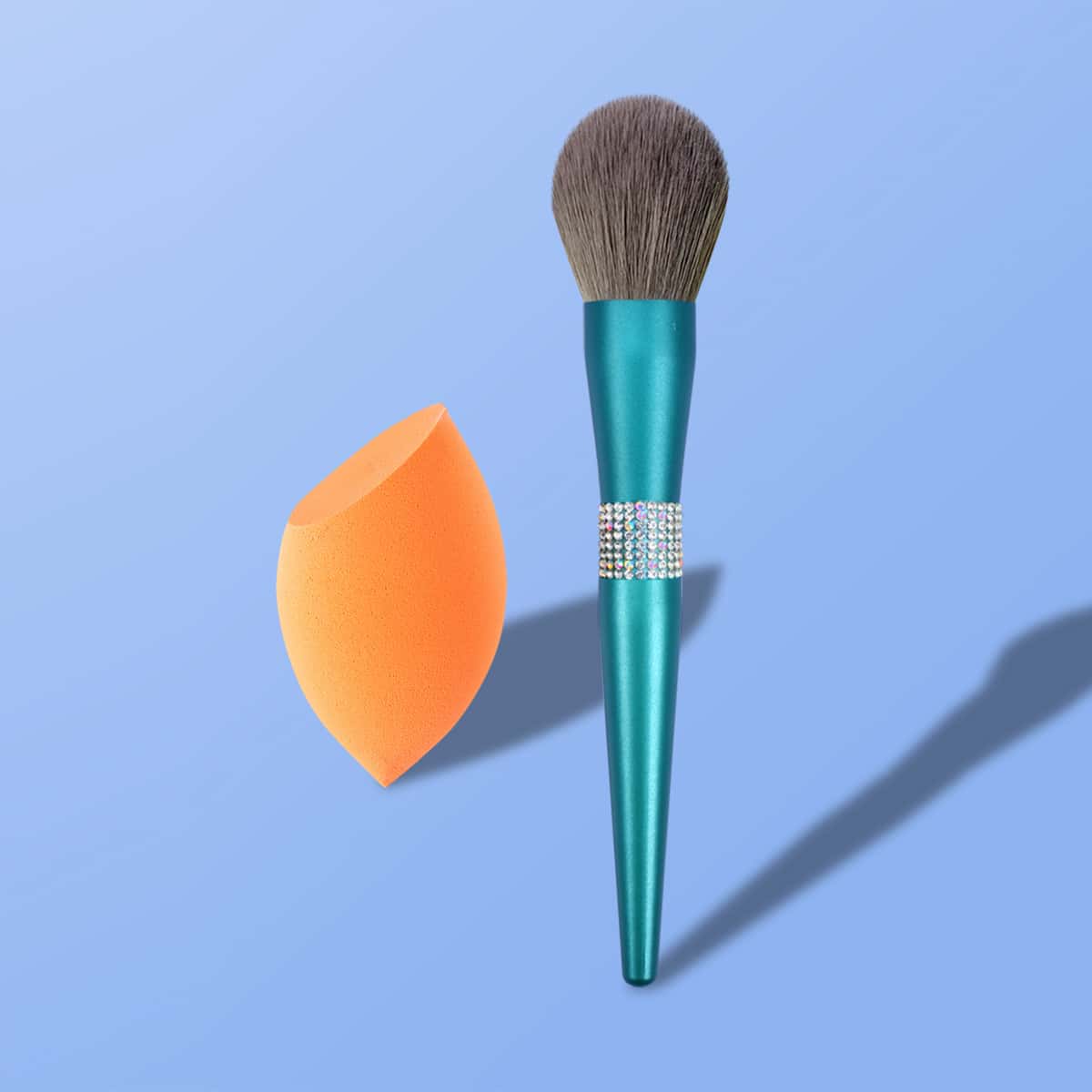 

Rhinestone Decor Powder Brush With Makeup Sponge, Green
