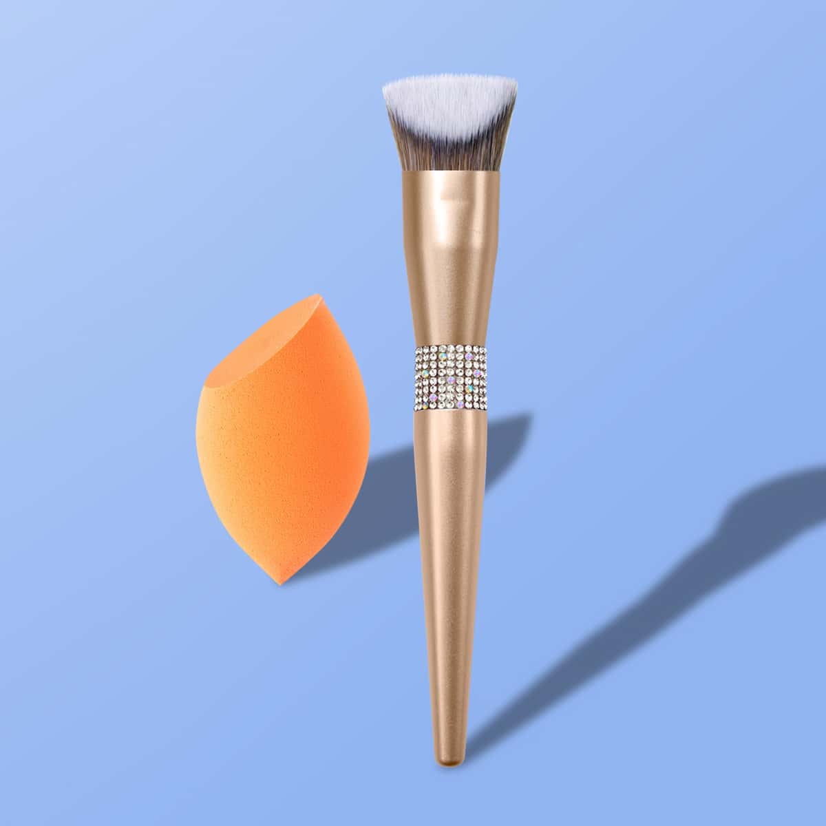 

Rhinestone Decor Foundation Brush With Makeup Sponge, Gold
