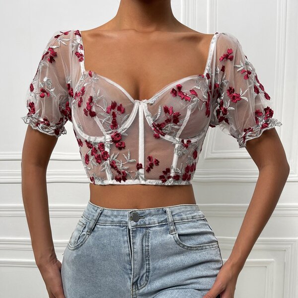 

Floral Embroidery Mesh Underwire Bralette, Burgundy