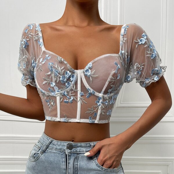 

Floral Embroidered Mesh Underwire Bra, Baby blue