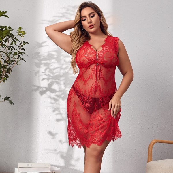 

Plus Floral Lace Dress Without Panty, Red