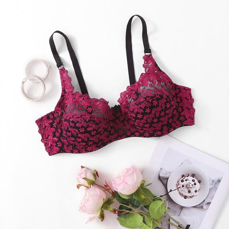 

Plus Embroidered Mesh Underwire Bra, Hot pink