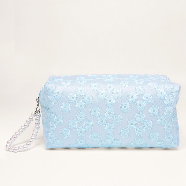 

Flower Pattern Makeup Bag With Faux Pearl Strap, Blue