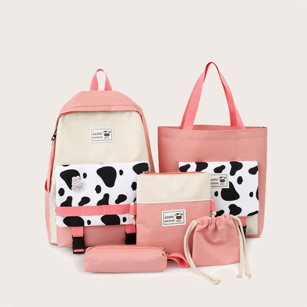 

5pcs Colorblock Letter Patch Backpack Set, Pink