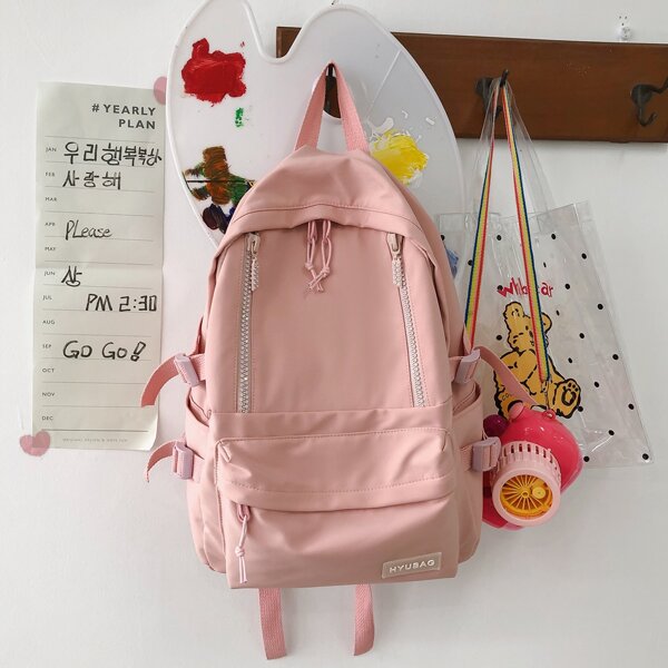 

Minimalist Zipper Front Letter Patch Backpack, Pink