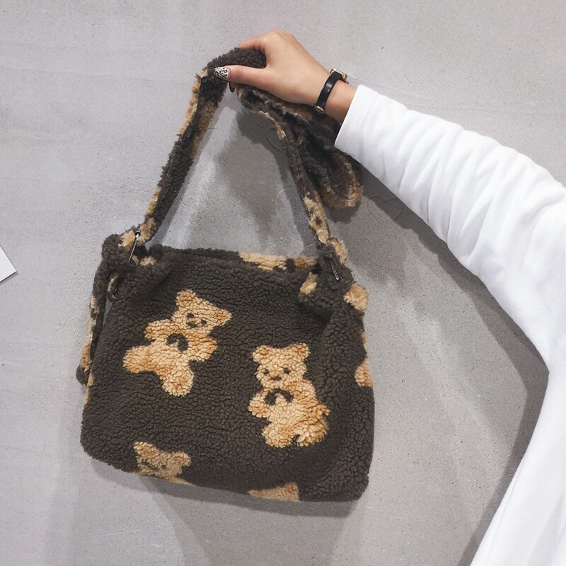 

Cartoon Bear Pattern Tote Bag, Chocolate brown