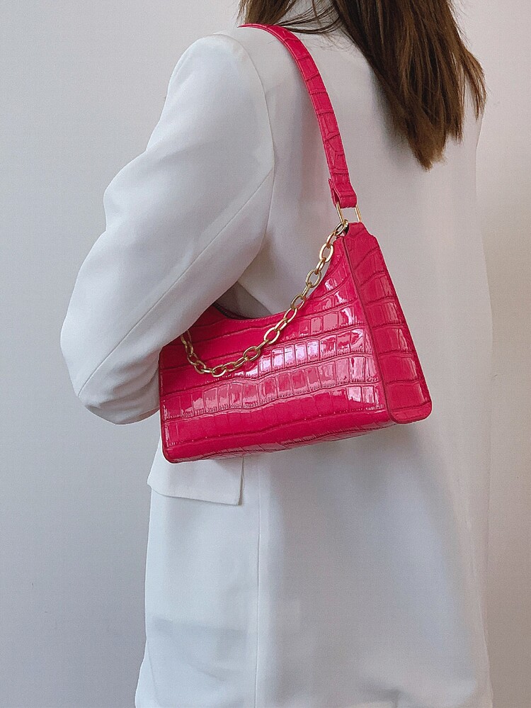 Crocodile Embossed Chain Hobo Bag - Hot Pink - View 2