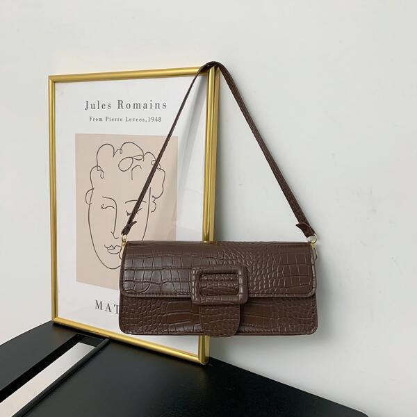 

Croc Embossed Buckle Shoulder Bag, Coffee brown