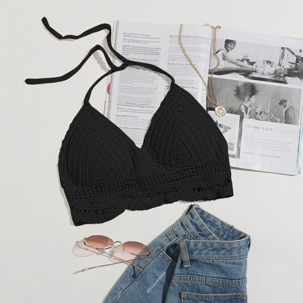 

Crochet Halter Bikini Top, Black