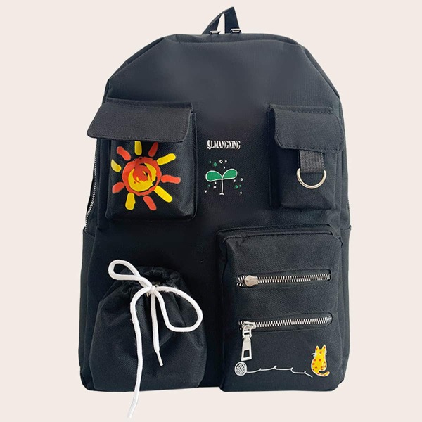 

Minimalist Cartoon Graphic Pocket Front Backpack, Black
