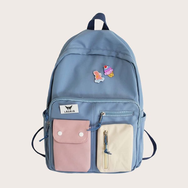 

Colorblock Cartoon Decor Pocket Front Backpack, Blue