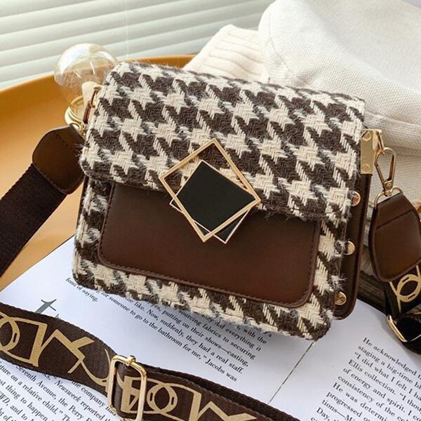 

Two Tone Plaid Pattern Metal Decor Flap Square Bag, Brown