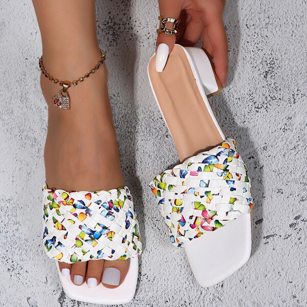 

Butterfly Graphic Braided Design Chunky Sandal Mules, White