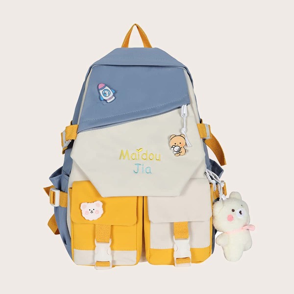 

Colorblock Cartoon Decor Pocket Front Backpack, Blue