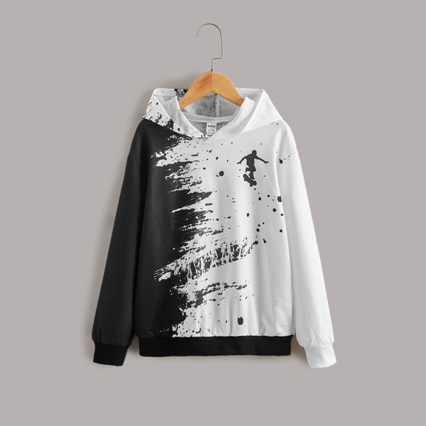 

Boys Figure & Splash Ink Drop Shoulder Hoodie, Black and white