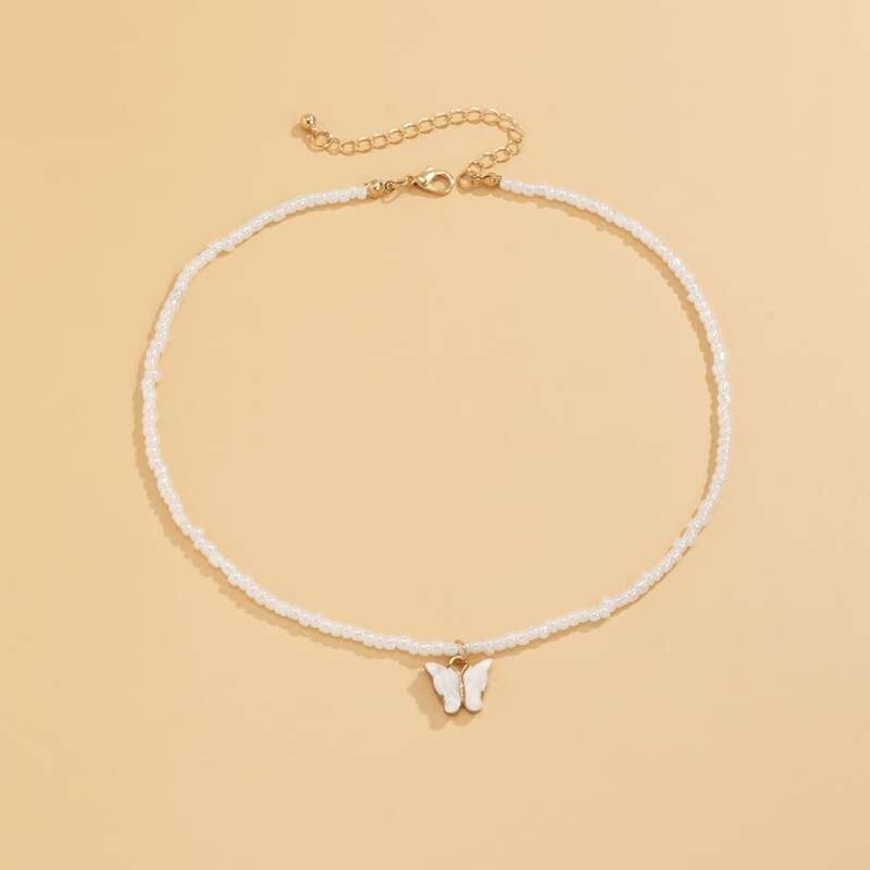 

Butterfly Beaded Necklace, White
