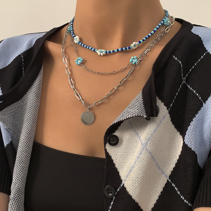 

3pcs Beaded Decor Necklace, Silver