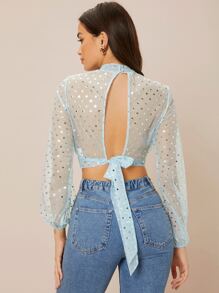 SHEIN 小高領後背繫帶波點網紗上衣 - 淺藍色 - 查看 1