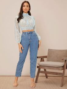 SHEIN 小高領後背繫帶波點網紗上衣 - 淺藍色 - 查看 4