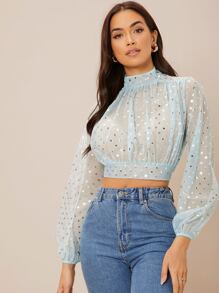 SHEIN 小高領後背繫帶波點網紗上衣 - 淺藍色 - 查看 5