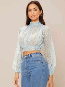 SHEIN 小高領後背繫帶波點網紗上衣 - 淺藍色 - 查看 2