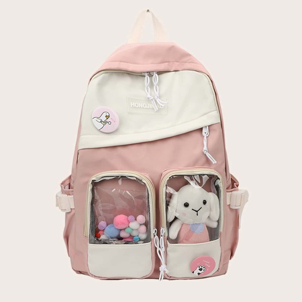 

Two Tone Cartoon Decor Pocket Front Backpack, Pink