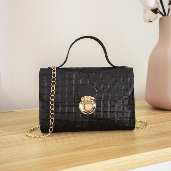 

Quilted Chain Satchel Bag, Black