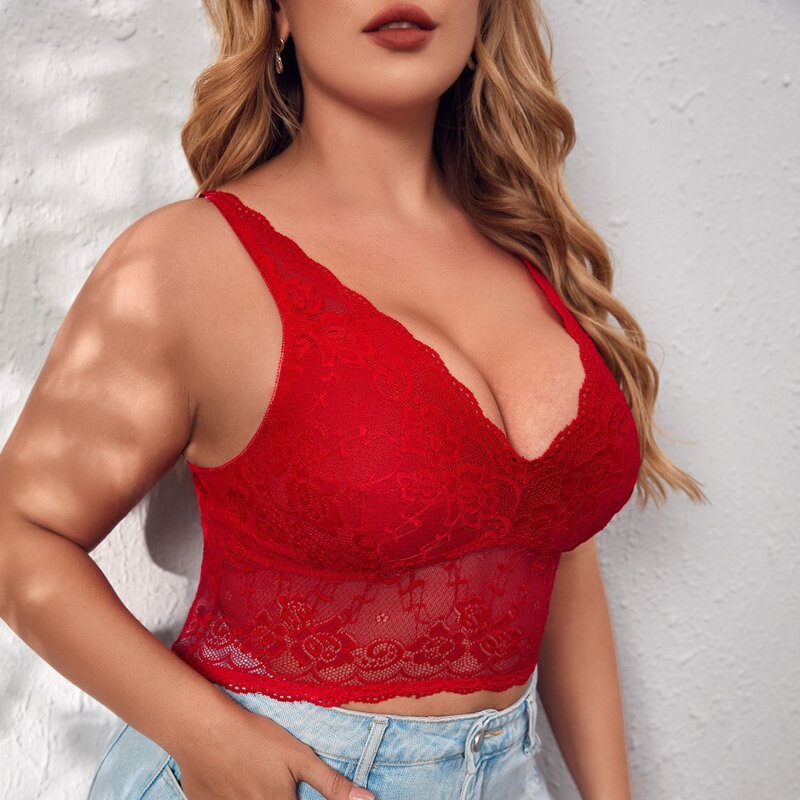 

Plus Floral Lace Longline Bralette, Red