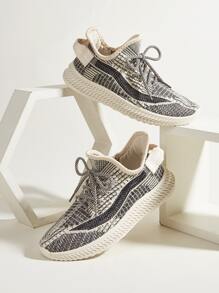 女用米色針織鞋面蕾絲裝飾公路跑鞋 - 米色 - 查看 1