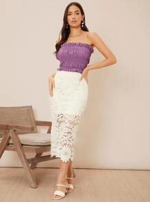 SHEIN Slit Hem Lace Pencil Skirt - Beige - View 1