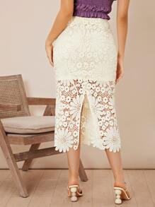 SHEIN Slit Hem Lace Pencil Skirt - Beige - View 4