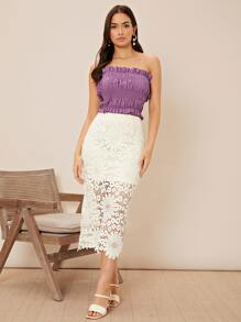 SHEIN Slit Hem Lace Pencil Skirt - Beige - View 5