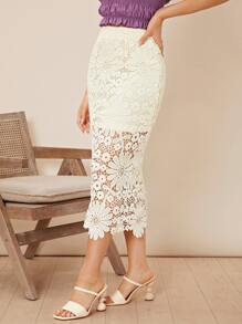 SHEIN Slit Hem Lace Pencil Skirt - Beige - View 2