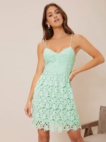 SHEIN Spaghetti Strap Contrast Lace Dress - Mint Green - View 1