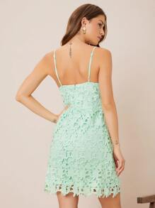SHEIN Spaghetti Strap Contrast Lace Dress - Mint Green - View 2