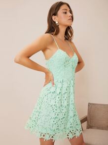 SHEIN Spaghetti Strap Contrast Lace Dress - Mint Green - View 4