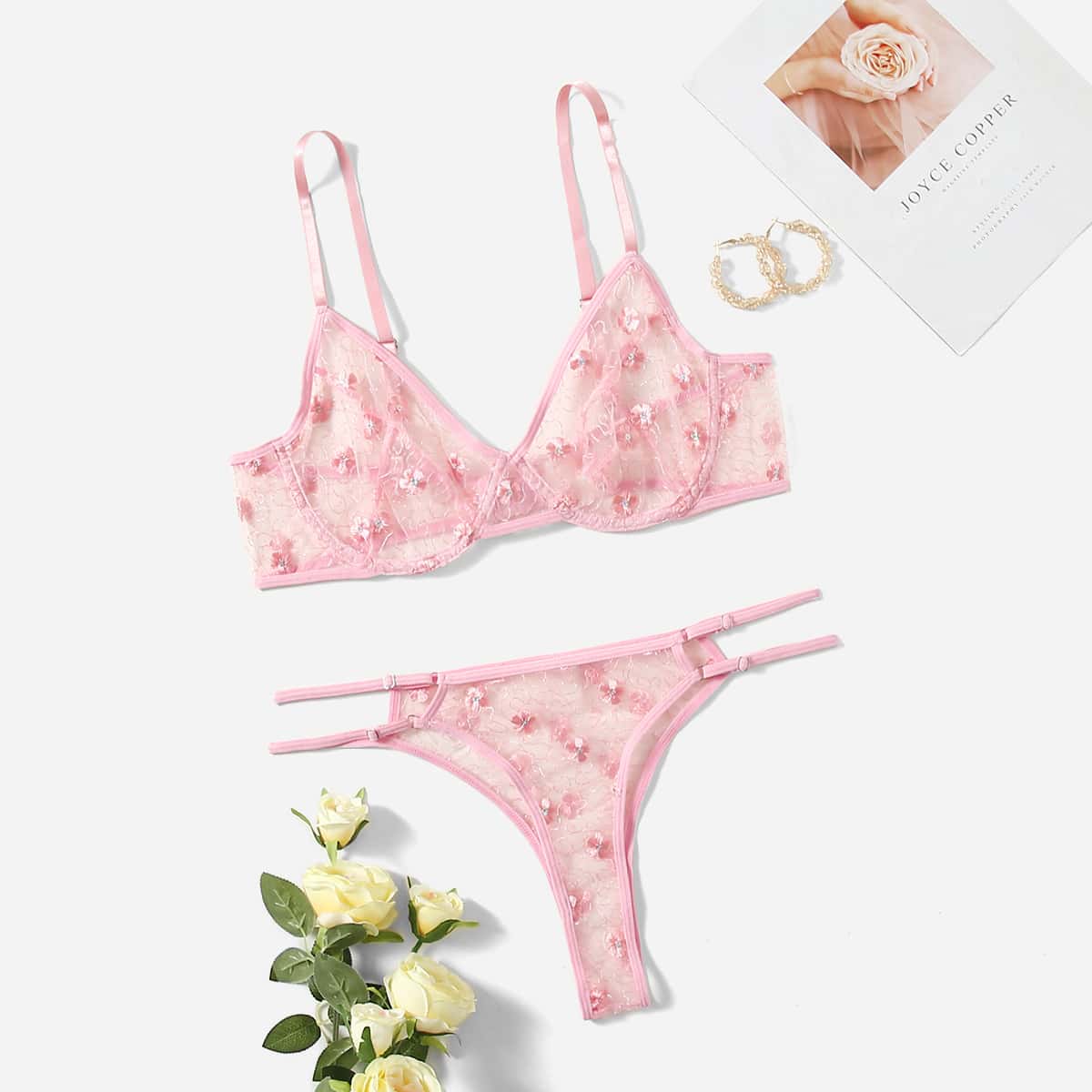 

Plus Embroidered Mesh Underwire Lingerie Set, Pink