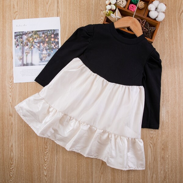 

Toddler Girls Two Tone Ruffle Hem 2 In 1 Dress, Black and white